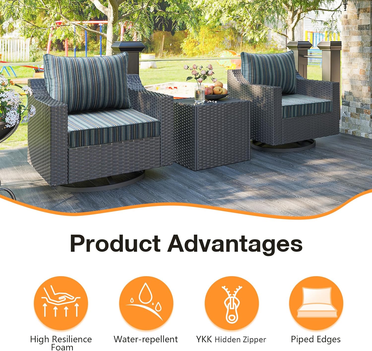 Sunbrella Outdoor Patio Chair Cushions Set, 24" x 24", Set of 2, Water-Repellent, Fade Resistant, Deep Seat Cushion for Backyard, Couch, Sofa and Patio Furniture, Troupe Dock