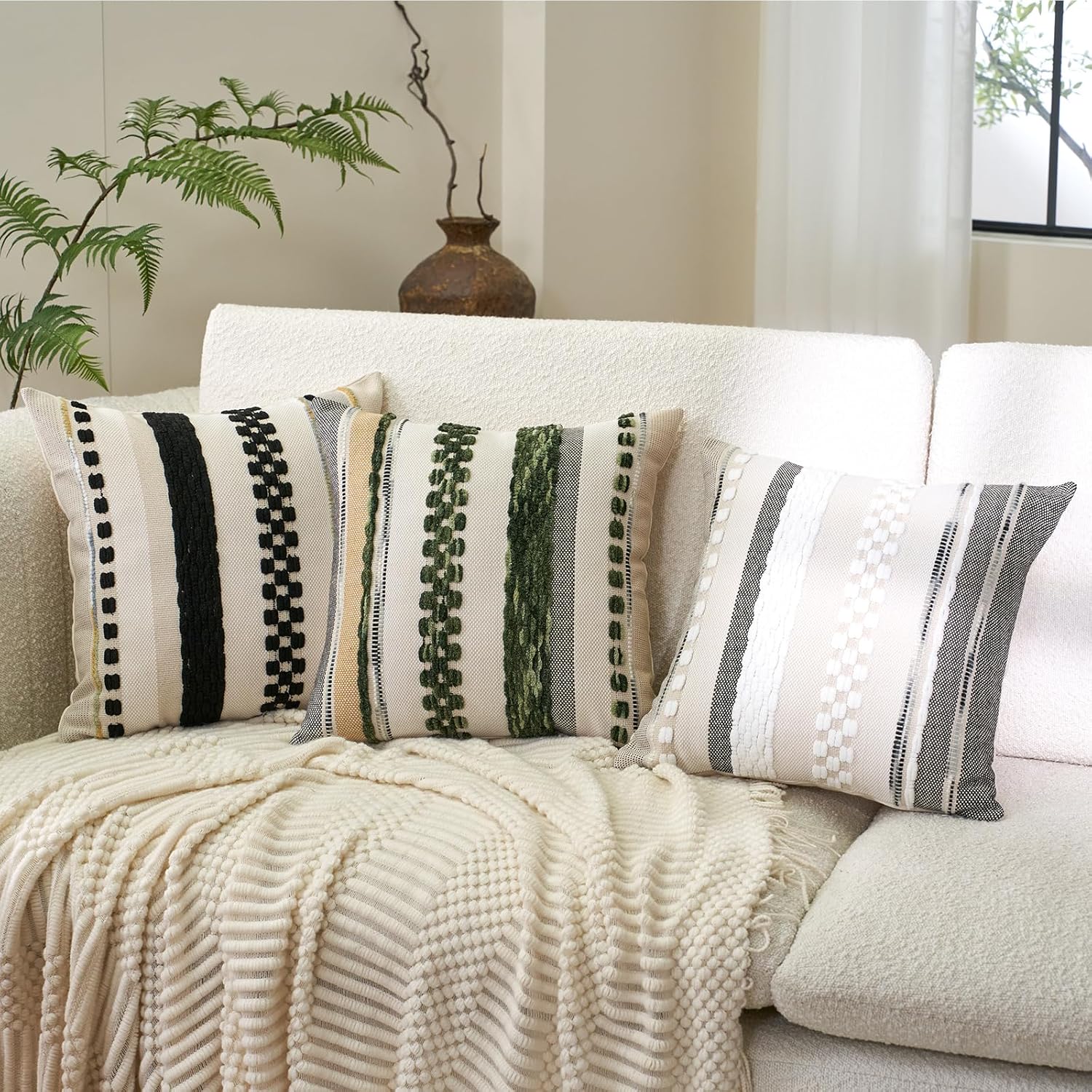 Aeckself Boho Throw Pillow Covers 18x18 Inch Set of 2, Farmhouse Decorative Striped Square Pillow Covers Chenille Tufted Pillow Cases Accent Neutral Pillowcase for Living Room Couch Bed, Black