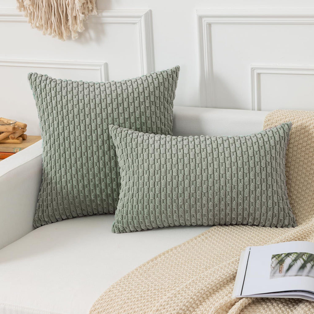 Kevin Textile 14x24 Inch Pillow Cover 1 Pack Boho Decorative Soft Striped Corduroy Lumbar Farmhouse Color Accent Rectangle Cushion Case for Living Room Couch Sofa Bed, Greyish Green