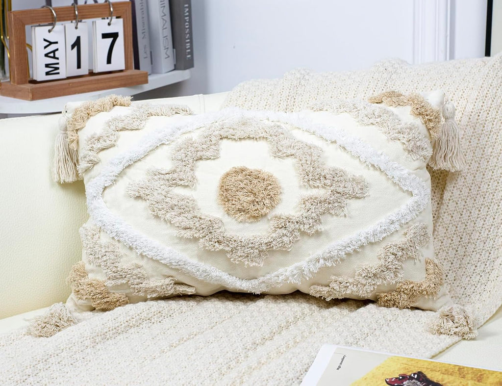 Decorative Farmhouse Throw Pillow Covers 12 x 20,Modern Neutral Couch Pillow Cover,Cotton Checked Pattern Boho Lumbar Pillow Case Cover for Couch Bed Sofa Bedroom,Khaki&Beige&White