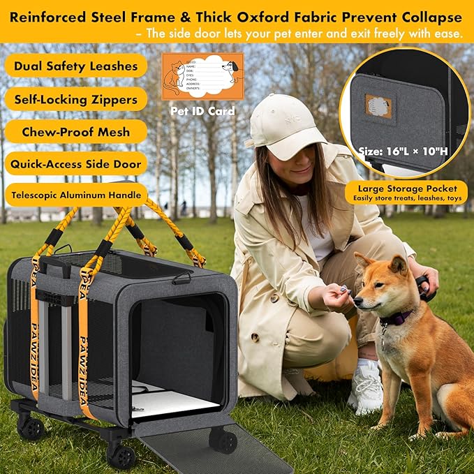 PAWZIDEA Expandable Large Pet Carrier with Wheels, 24x16x16 in Rolling Cat Carrier for 2–4 Cats up 55lb, Soft-Sided Collapsible Small Medium Dog Crate for Car Travel, Telescopic Handle, Storage Pocket
