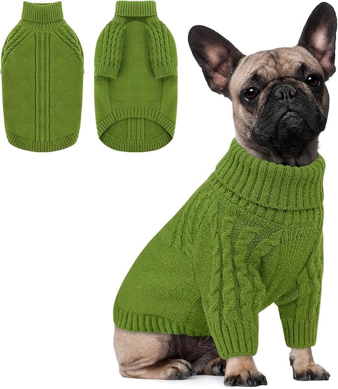 Queenmore Medium Dog Sweaters for Male Female Dogs, Soft Cozy Turtleneck Doggy Sweater for Winter, Long Sleeve Warm Puppy Pullover, Winter Xmas Pet Clothes for French Bulldog Dachshund (Green,M)