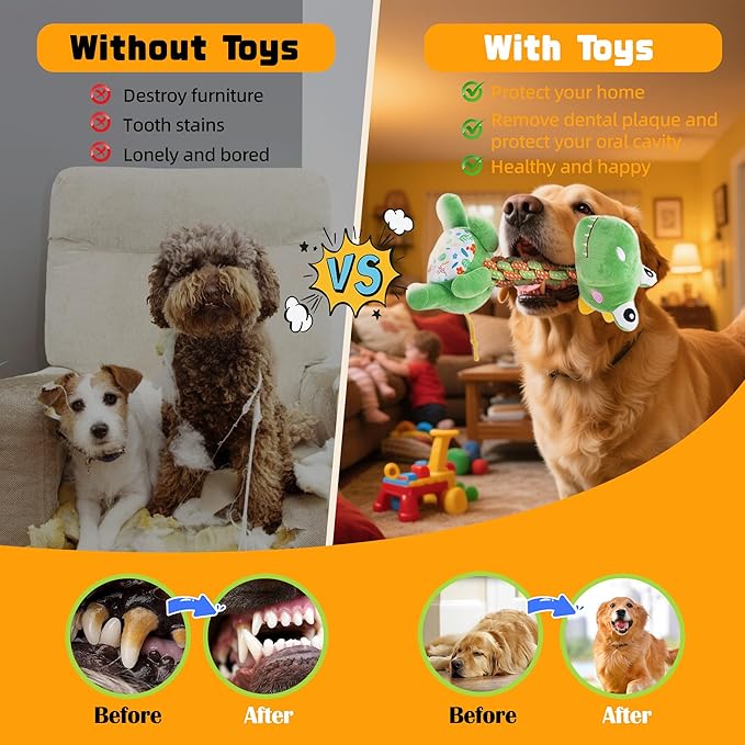 Knots Twists Dog Toy, Squeaky Rope Chew Toy for Small & Medium Dogs, Indestructible Tug of War Toy for Aggressive Chewers & Puppies, Dental Chew Toys to Clean Teeth & Relieve Boredom (Dinosaur)