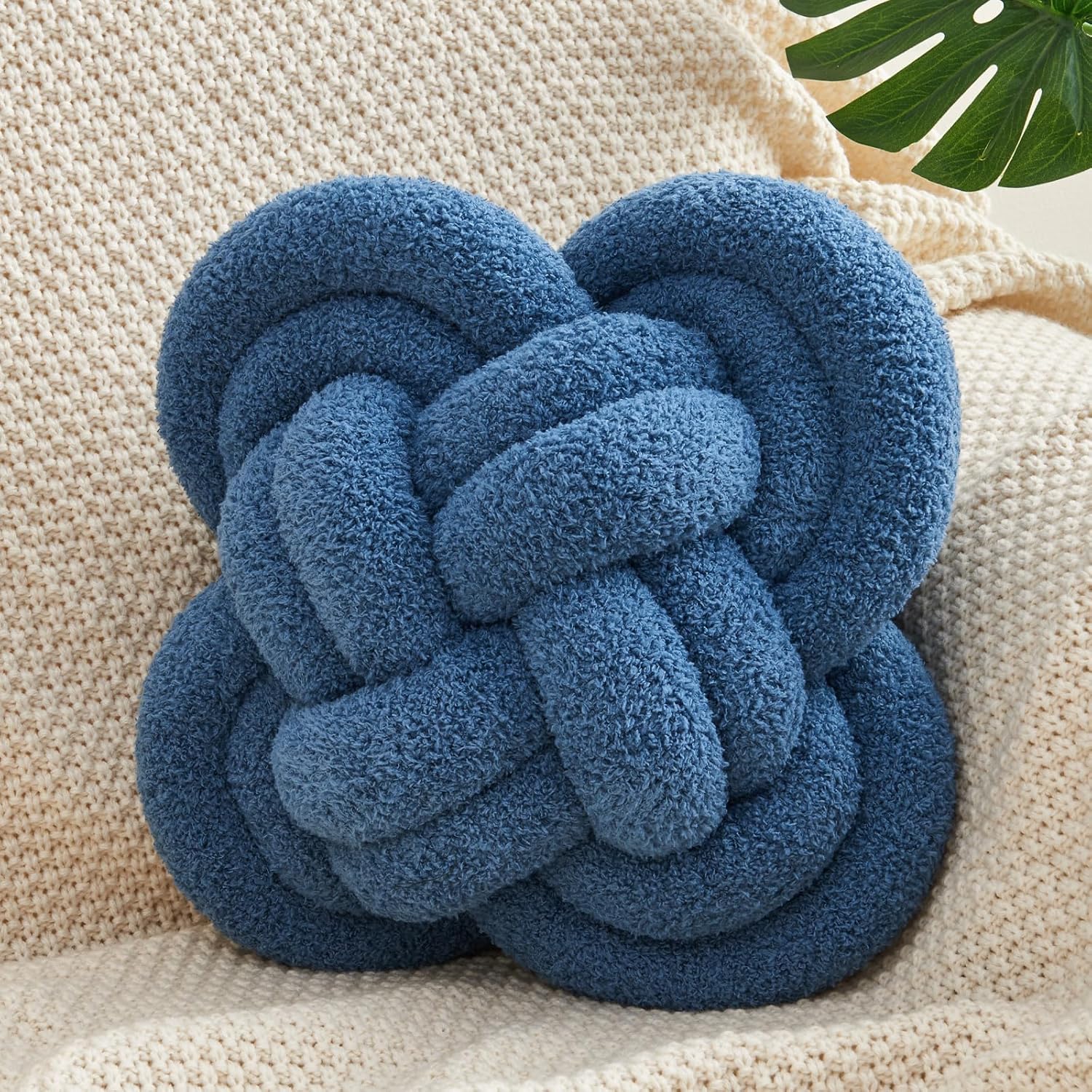 Xiashrk Knot Pillow Ball, 12" Soft Decorative Throw Pillows for Couch Bed, Dark Blue Knotted Plush Throw Pillow Handmade Square Cushion Home Couch Decor Pillows for Living Room