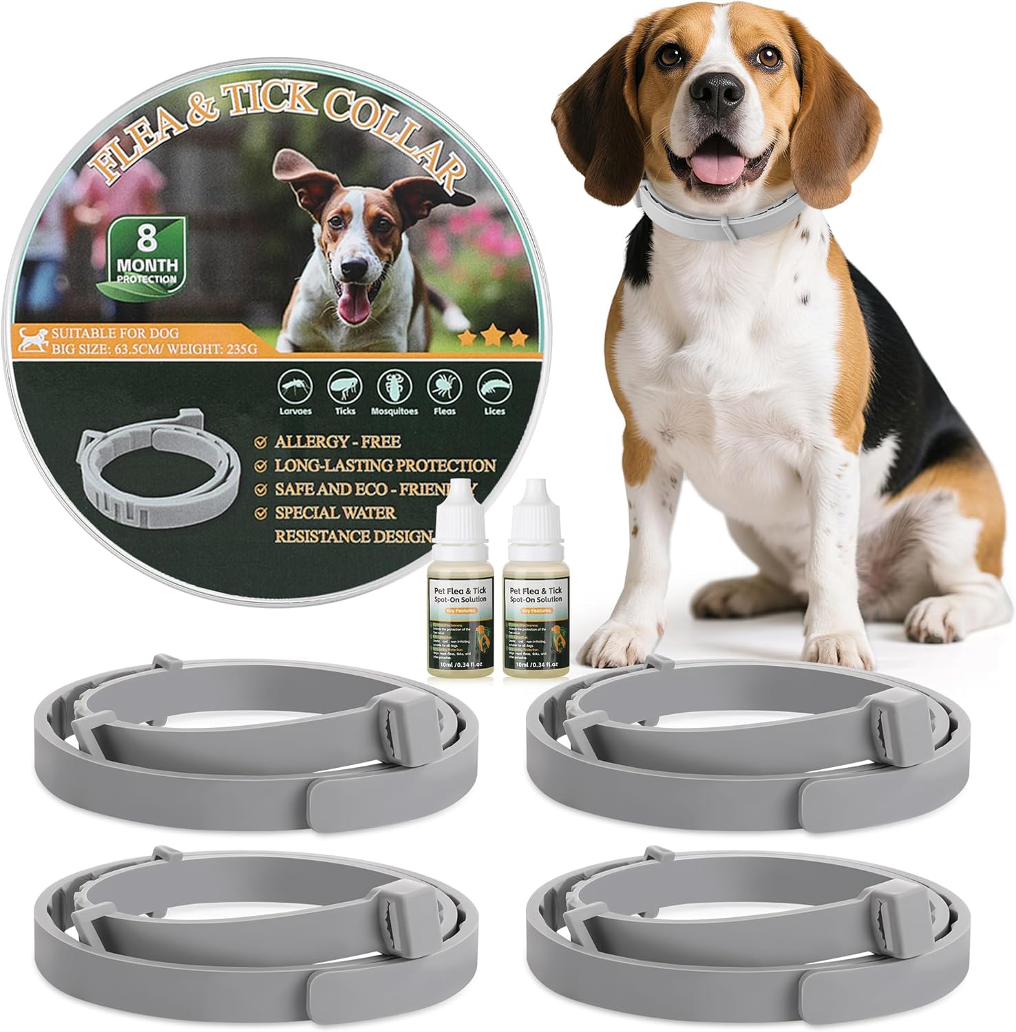 4 Pack Flea & Tick Prevention for Dogs Collar with Natural Essential Oils, Waterproof Adjustable Dog Flea and Tick Prevention Collar for Dogs, 8 Months Prevention