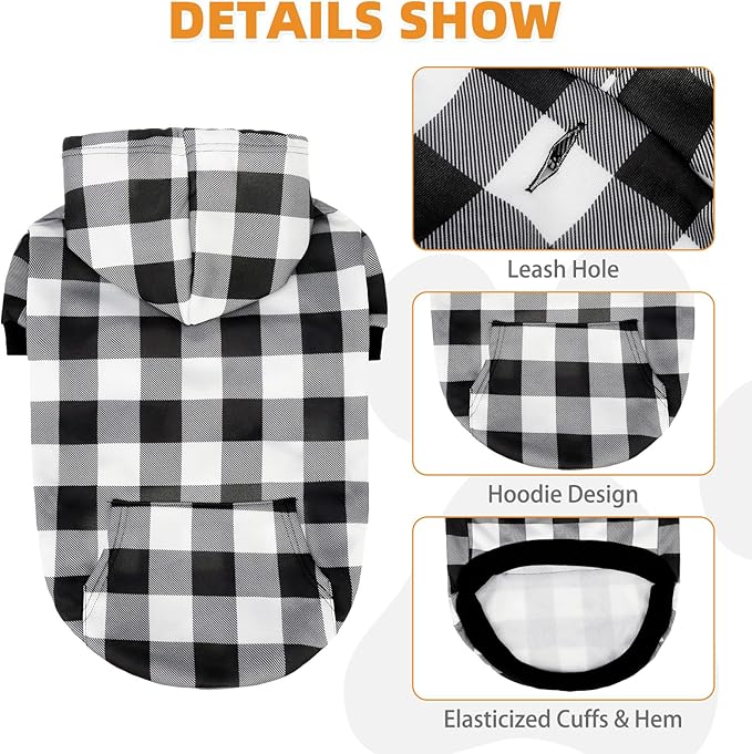 KOOLTAIL Plaid Dog Hoodie Pet Clothes Sweater with Hat and Pocket for Small Medium Large Size Dogs, Soft Winter Warm Dog Cold Weather Coat, Fleece Fall Dog Hooded Sweatshirt for Puppy Cats, White L