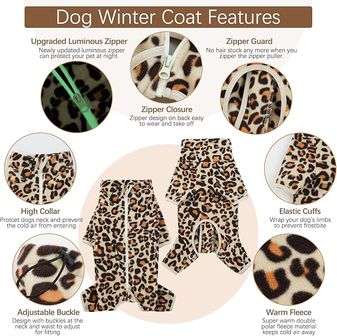 ROZKITCH Dog Leg Warmers for Large Dogs, Pet Windproof Warm Cold Weather Jacket Vest with Luminous Zipper, Jumpsuit Apparel Outfit Clothes for Small Medium Large Dog Brown L