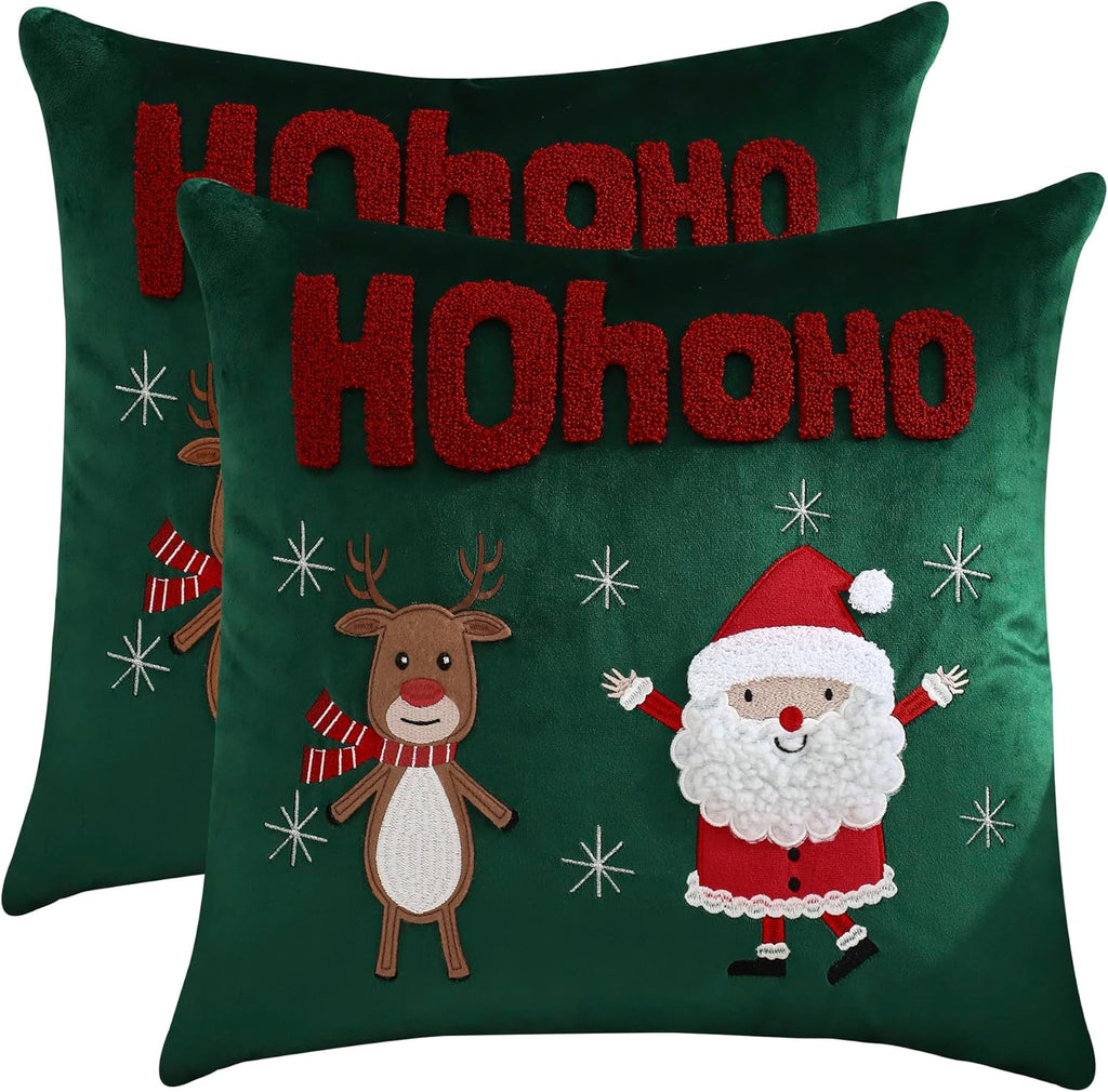 LUOYEHK Christmas Pillow Covers 18x18 Set of 2 Cute Santa Claus and Reindeer Decorative Green Pillow Cases Winter Holiday Velvet Embroidered Cushion Covers for Couch Sofa Bed