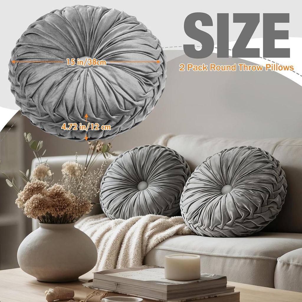 2 Pcs Round Throw Pillows 15 Inch Decorative Velvet Pleated Pumpkin Floor Boho Pillows for Living Room Couch Chair Bed Sofa (Gray)