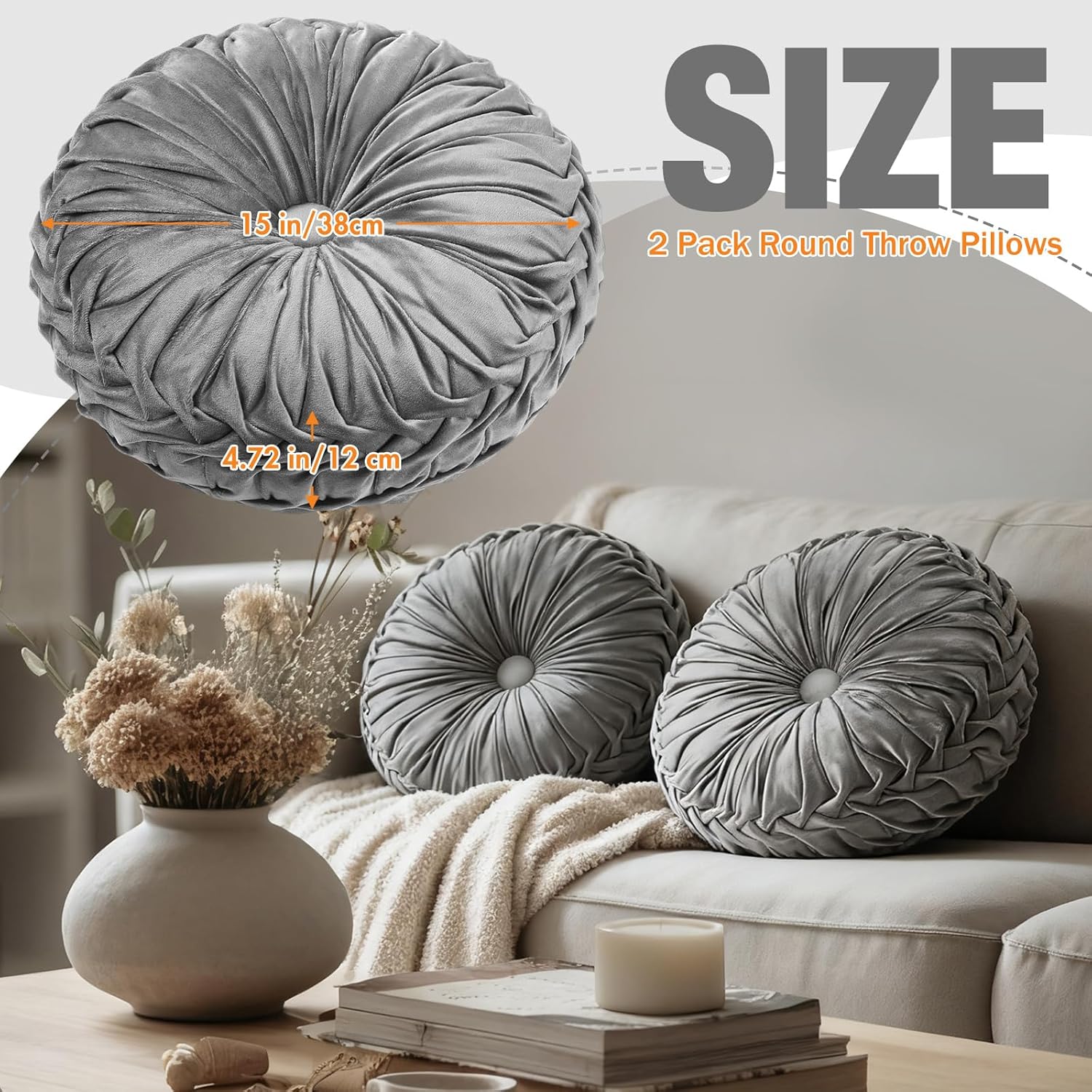 2 Pcs Round Throw Pillows 15 Inch Decorative Velvet Pleated Pumpkin Floor Boho Pillows for Living Room Couch Chair Bed Sofa (Gray)