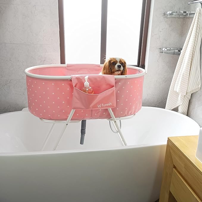 Furesh Little Dipper Dog Bath Tub and Wash Station for Bathing Shower and Grooming, Elevated Foldable and Portable, Indoor and Outdoor, for Small and Medium Size Dogs, Cats and Other Pet (Pink)