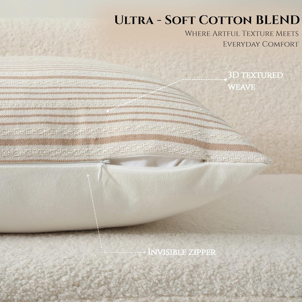 DWR Striped 3D Textured Weave Throw Pillow Covers 20x20 Set of 2, Polyester Cotton Blend in Khaki, Modern Farmhouse Decorative Pillow Cases for Couch Sofa Bed Living Room