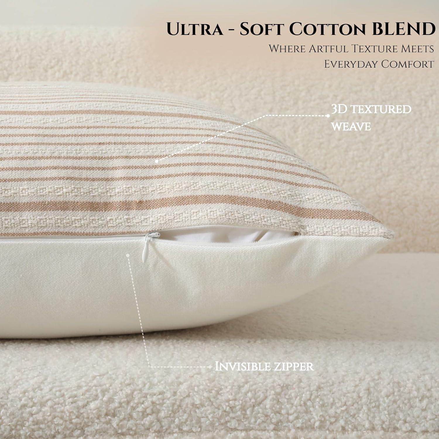 DWR Striped 3D Textured Weave Throw Pillow Covers 20x20 Set of 2, Polyester Cotton Blend in Khaki, Modern Farmhouse Decorative Pillow Cases for Couch Sofa Bed Living Room