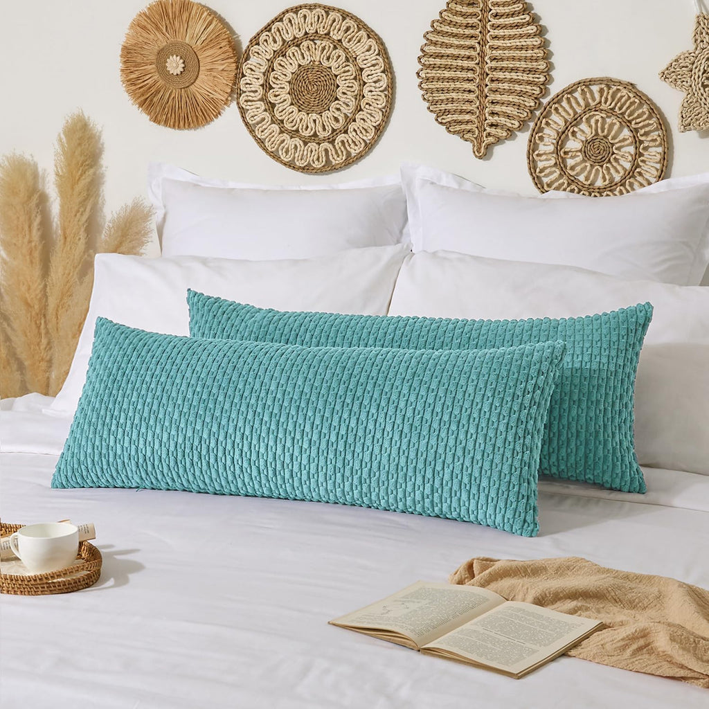 Kevin Textile 14x36 Inch Long Lumbar 1 Pack Boho Decorative Throw Pillow Cover Soft Striped Corduroy Rectangle Cushion Case Farmhouse Solid Color Accent for Living Room Couch Sofa Bed, Aqua Green