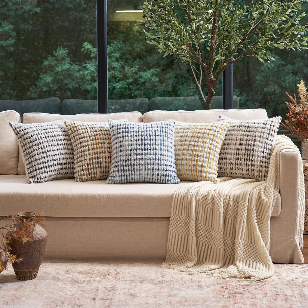 Aeckself Boho Chenille Tufted Pillow Cover 20 x 20 Inch, Decorative Square Throw Pillow Cover Neutral Pillowcase for Couch Bedroom Living Room, Brown White