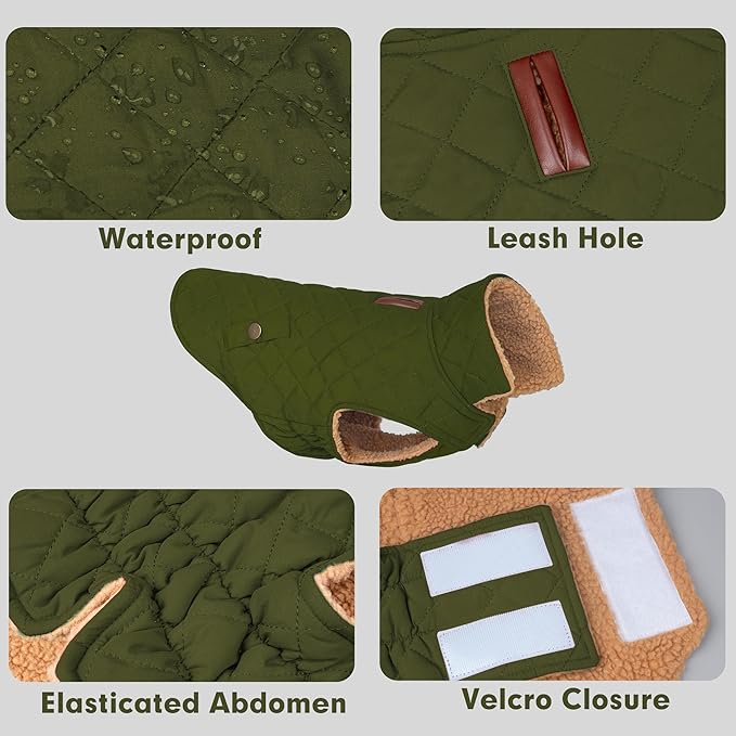 azuza Dog Jacket for Large Dogs Waterproof & Windproof Dog Coat for Small Dogs with Thick Fleece, High Collar with Leash Hole, Adjustable Velcro & Elastic Belly, Army Green 3XL