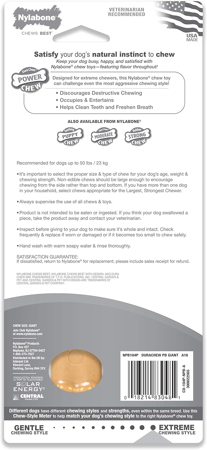 Nylabone Power Chew Classic Bone Chew Toy for Dogs, Durable Dog Toys for Aggressive Chewers, Peanut Butter Flavor, Large/Giant - Up to 50 lbs. (1 Count)