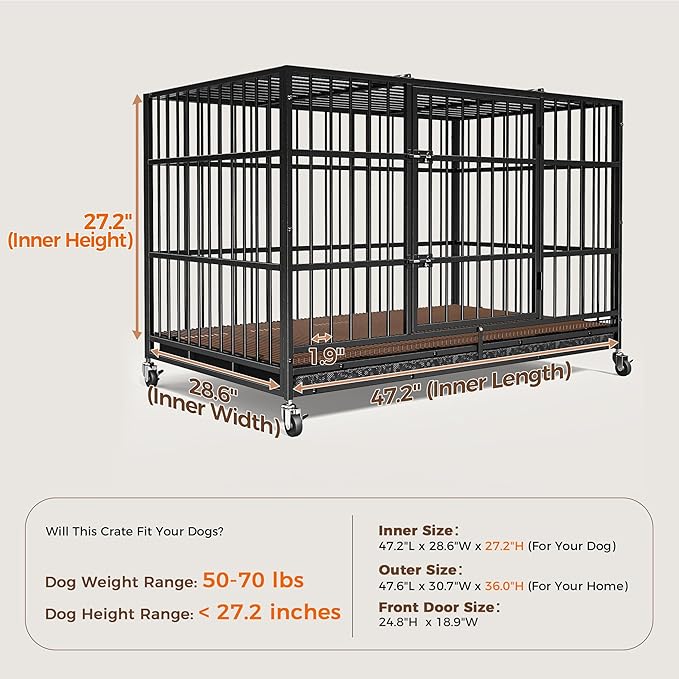 48"/38" Dog Crates for Large Dogs, Upgraded 4 Lockable Wheels, Removable Door, Dog Kennel Indoor, Max Load 300Lbs, Easy to Clean, Removable Tray, XL Dog Cage for Large and Medium Dogs