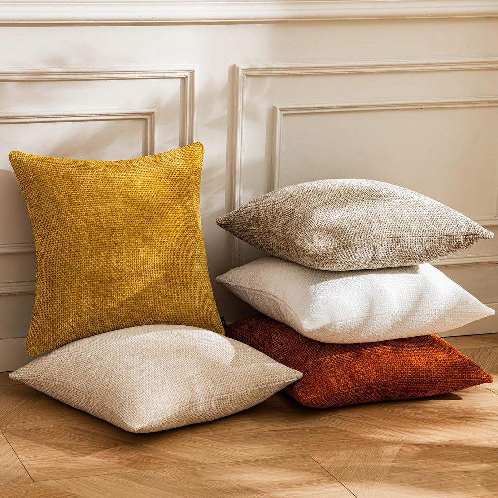 a moment Fall Mustard Yellow Chenille Throw Pillow Covers 18x18 Inch Pack of 2 Modern Decorative Throw Pillow Covers Farmhouse Cross Pillows Home Decor for Sofa Bedroom Living Room