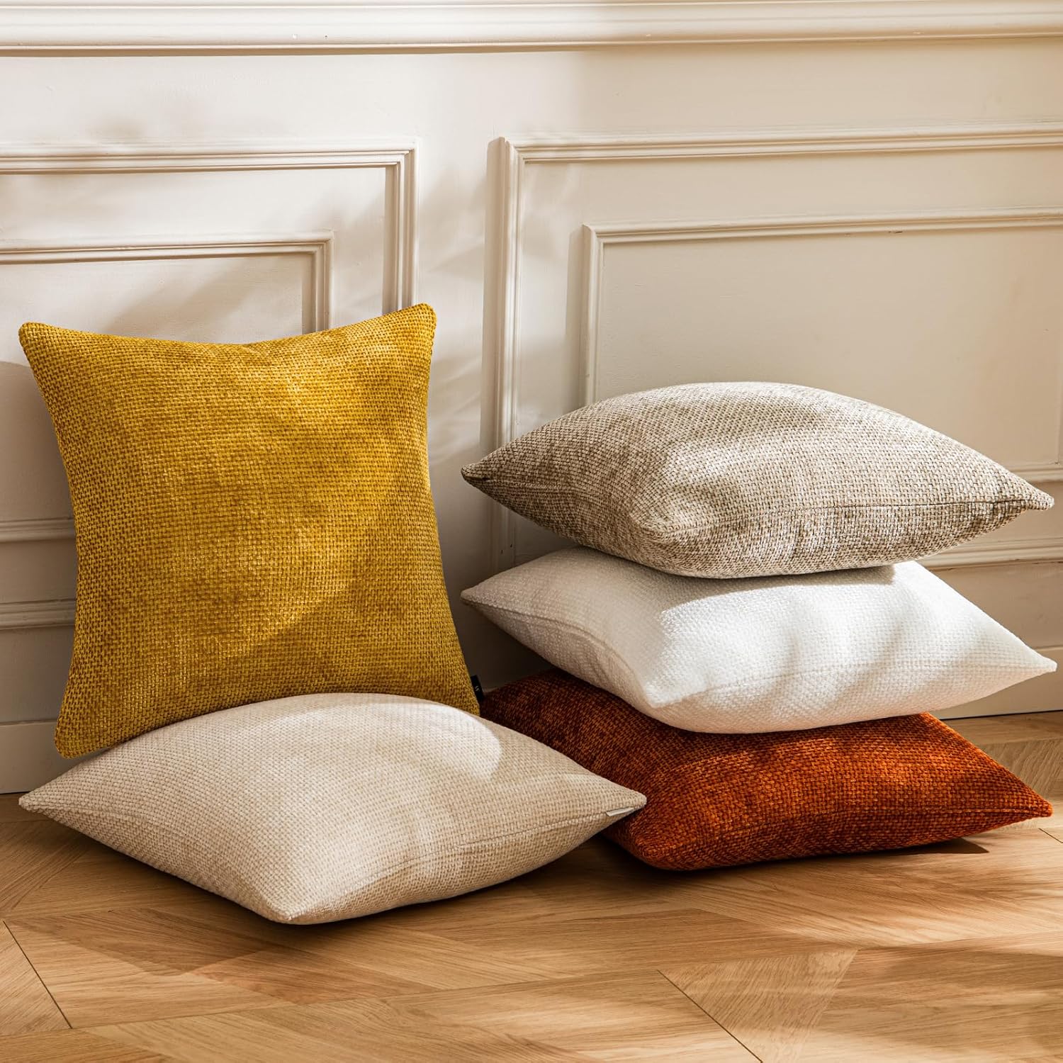 a moment Fall Mustard Yellow Chenille Throw Pillow Covers 20x20 Inch Pack of 2 Modern Decorative Throw Pillow Covers Farmhouse Cross Covers Home Decor for Sofa Bedroom Living Room