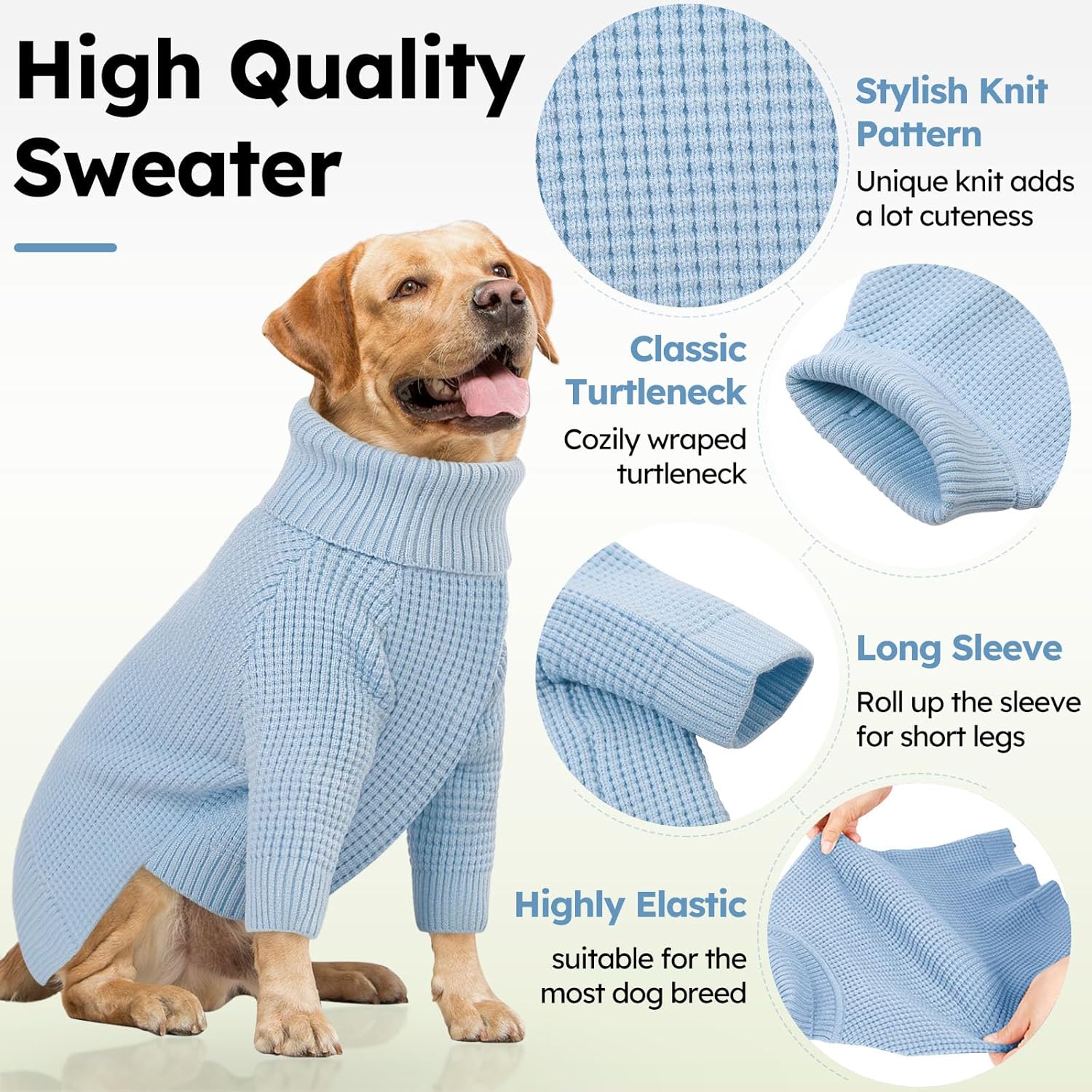 Queenmore Sweater for Dogs, Dog Sweaters for Medium Dogs, Waffle Knit Doggie Sweater with Long Sleeve, Puppy Sweaters for Medium Dogs Girl, Cat Christmas Sweater, Blue M