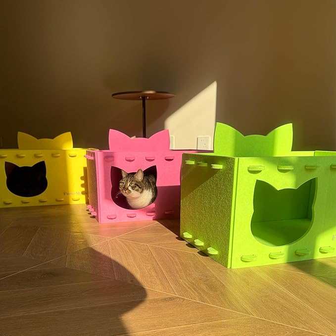 Cat House Cat Ear Design, Large Spacious Cozy Indoor Cat Bed Cave, Scratch Resistant Strong Thick Premium Felt Condo, Fun Hideaway for Multiple Cats, 21.5x13x11.6 inches (Pink)