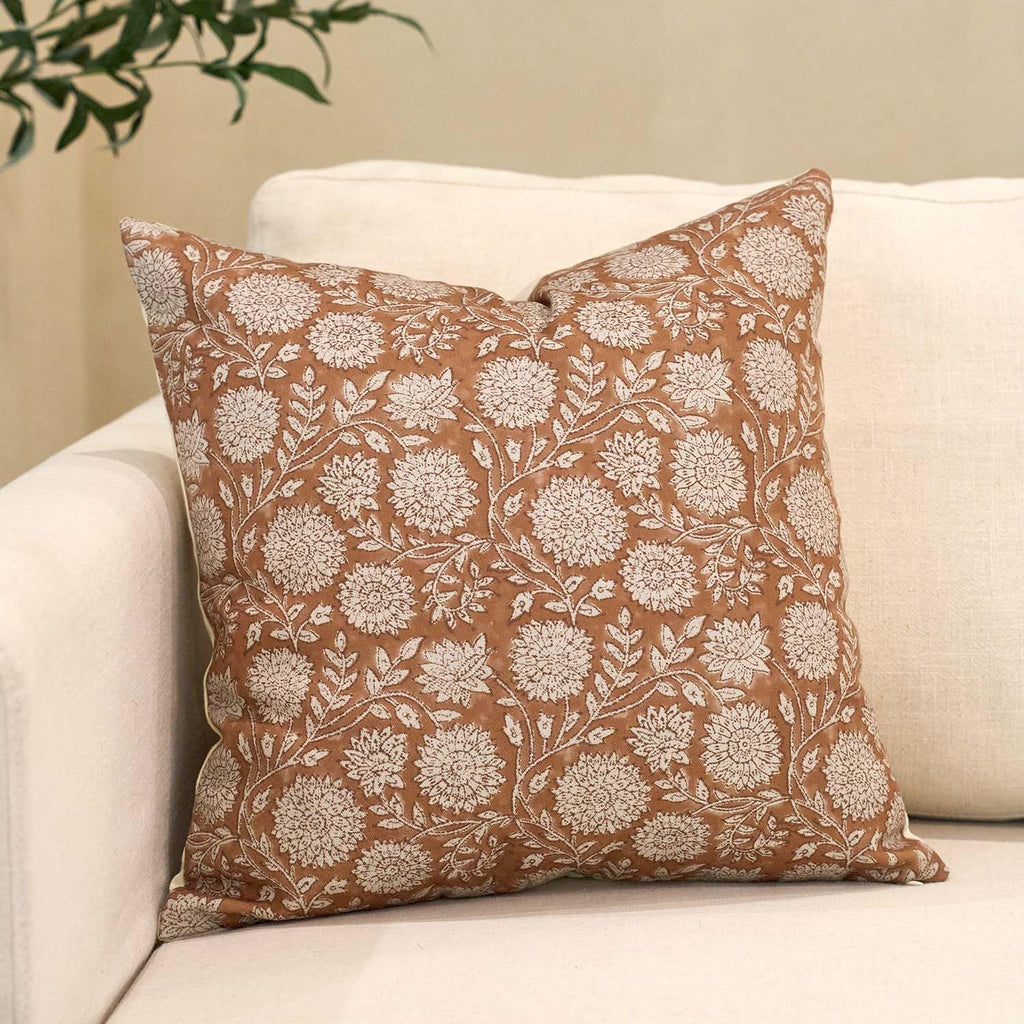 Amor Virisso Floral Throw Pillow Covers 18x18 Block Print Pillow Covers Vintage Neutral Couch Pillows for Living Room Farmhouse Decorative Accent Sofa Pillows, Brownish Orange