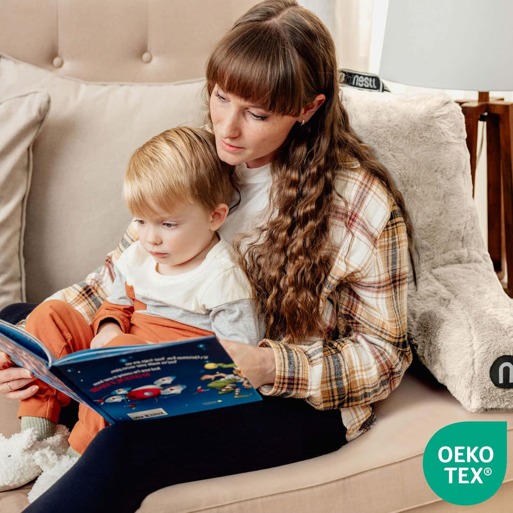 Nestl Fur Reading Pillow, Stylish Back Pillow for Bed Sitting Up, Faux Fur Bed Chair Pillow with Arms, Reading Pillows for Sitting in Bed Adult & Kids, Sit Up Back Support Pillow for Bed Rest - Linen