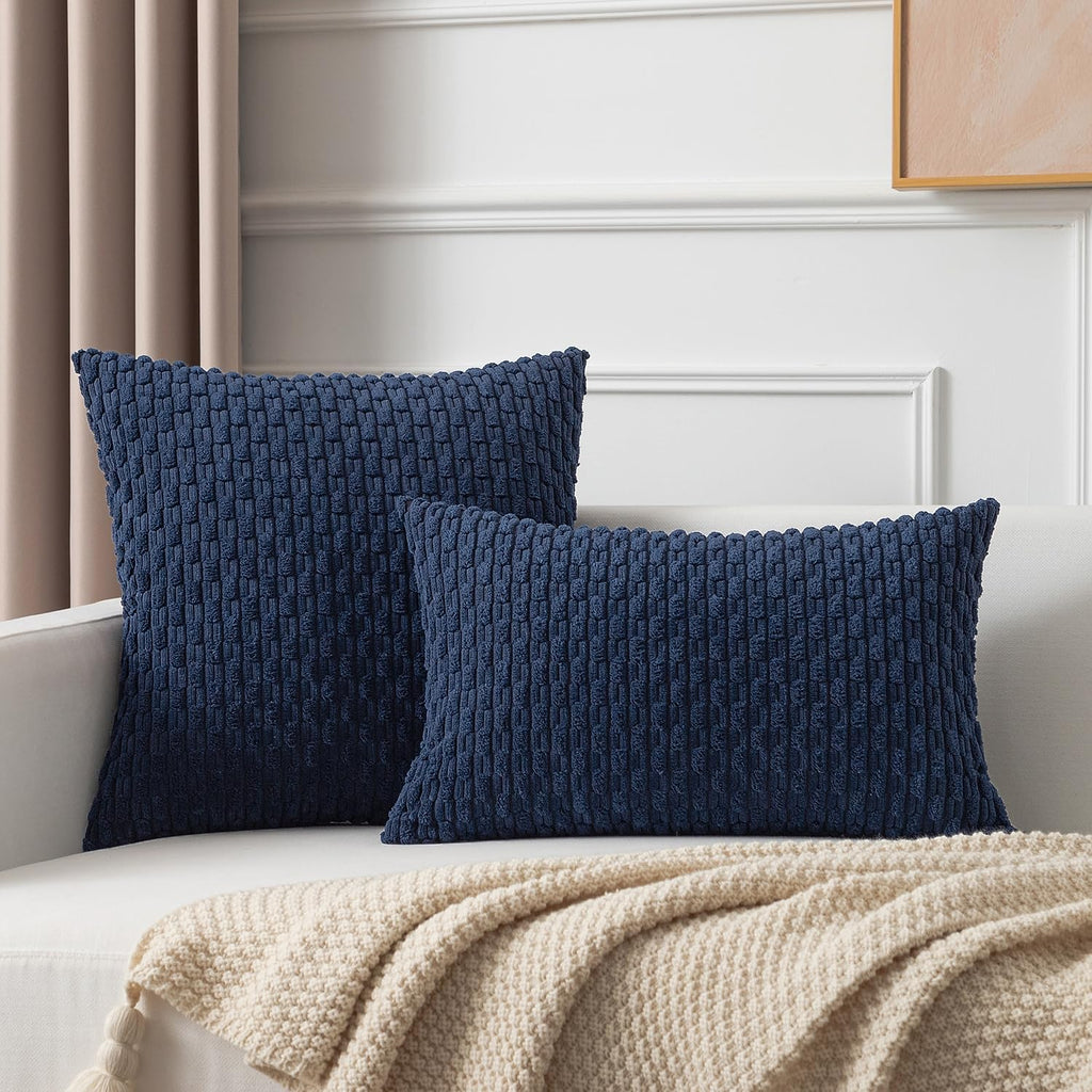 Kevin Textile 12x20 Inch Pillow Cover 1 Pack Boho Decorative Soft Striped Corduroy Lumbar Farmhouse Color Accent Rectangle Cushion Case for Living Room Couch Sofa Bed, Navy Blue