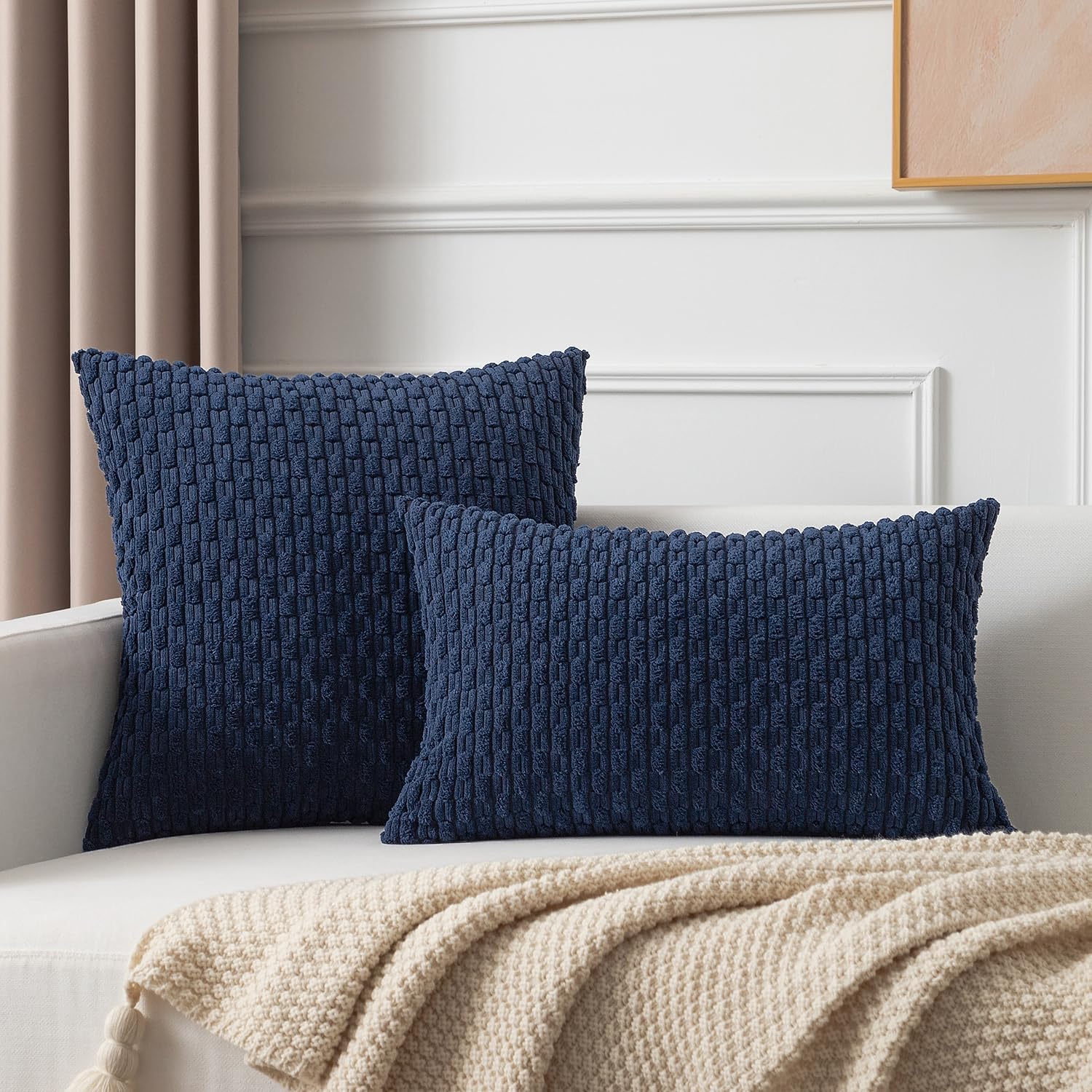 Kevin Textile 12x24 Inch Pillow Cover 1 Pack Boho Decorative Soft Striped Corduroy Lumbar Farmhouse Color Accent Rectangle Cushion Case for Living Room Couch Sofa Bed, Navy Blue