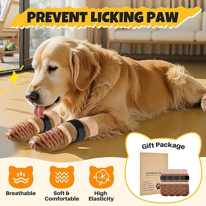 SlowTon Dog Socks with Double-Sided Grippers - 4PCS Dogs Grip Socks for Hot & Cold Pavement or Hard Floors, Non-Slip Paw Traction Protectors for Senior Small Medium Large Dogs(Brown, L)
