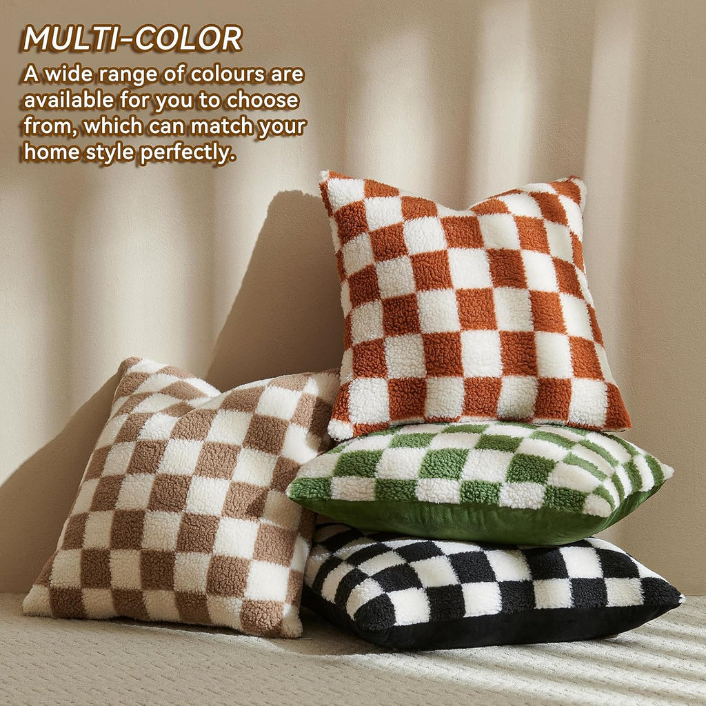 AmHoo Pack of 2 Decorative Throw Pillow Covers Checkerboard Luxury Super Soft Faux Fur Wool Set Case Cushion for Couch Sofa Bedroom 16 x 16-Inch Burnt Orange