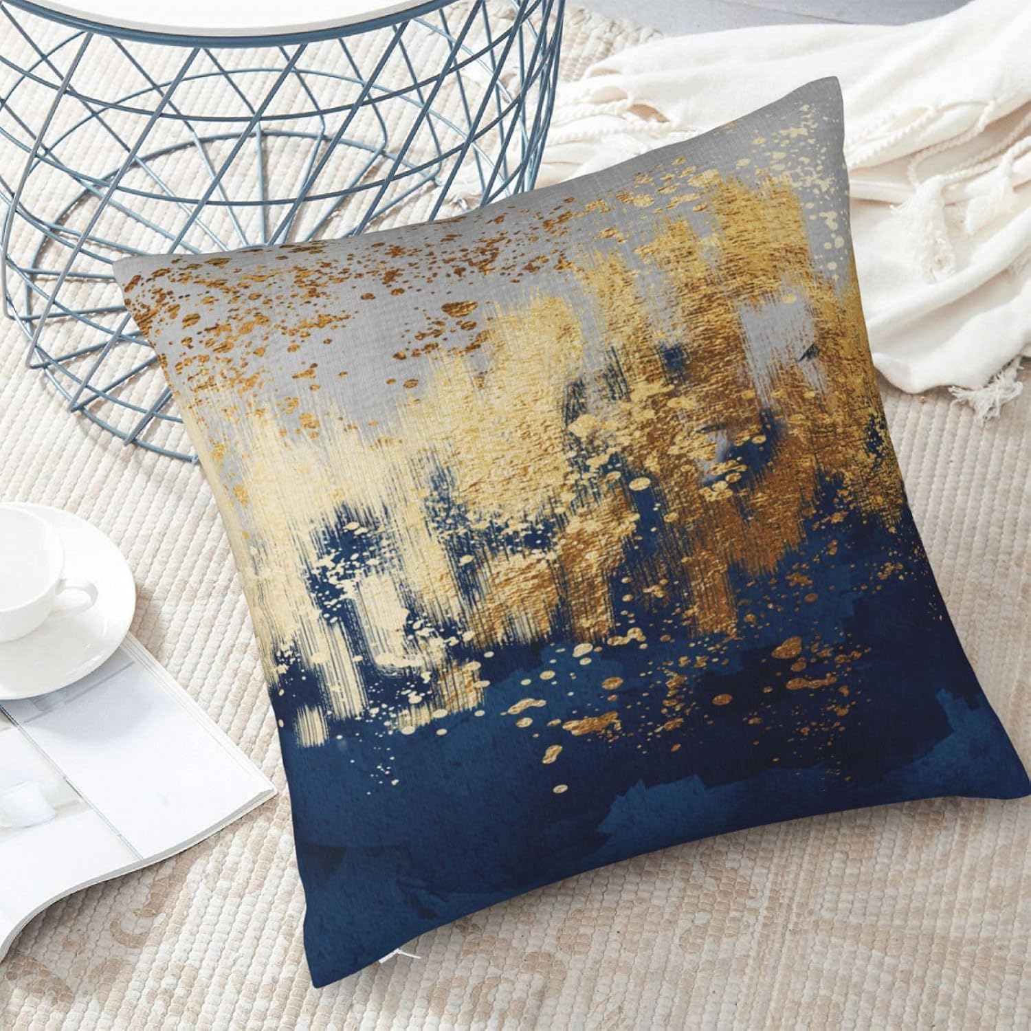 Navy Blue and Gold Pillow Covers 18 x 18 inch Set of 2 Decorative Cushion Covers Blue and Gold Square Pillowcases for Bedroom Sofa Home Decor