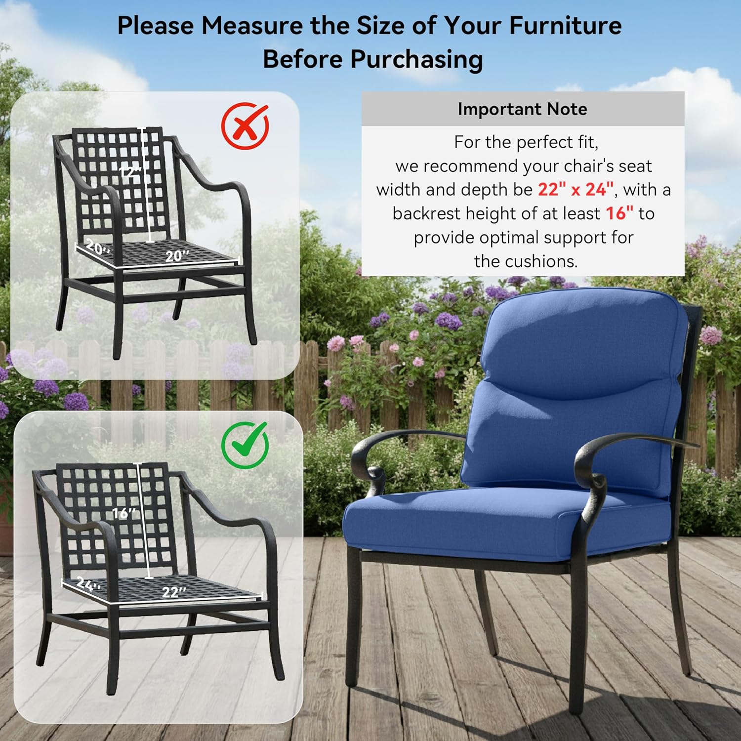 Outdoor Chair Cushions 3 Packs - Outside High Back Comfortable Thickened Pillow 22x24 with Zipper Cover for Patio Rocking Swivel Chairs Loveseat Sofa – Blue/Crescent