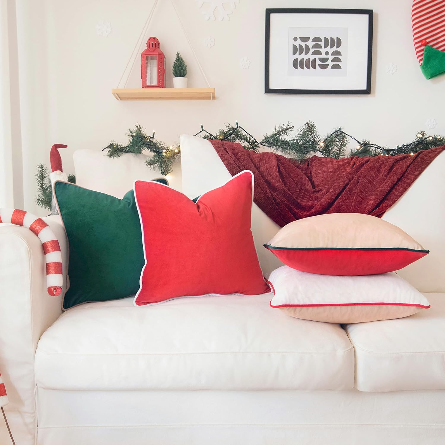 MONDAY MOOSE Christmas Decorative Throw Pillow Covers Cushion Cases, Set of 4 Soft Velvet Double-Sided Designs, Mix and Match for Home Decor, Pillow Inserts Not Included (20x20 inch, Red/Green)