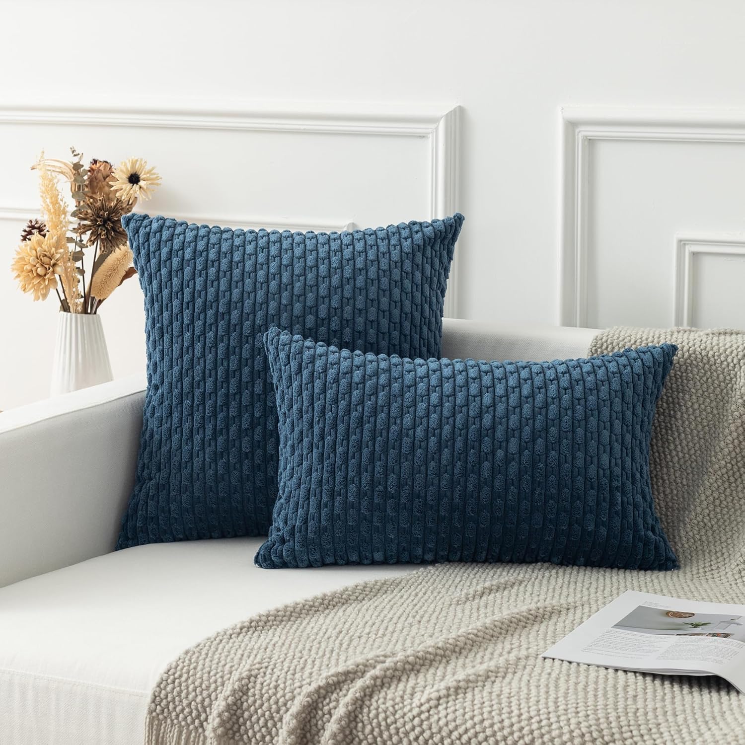 Kevin Textile 12x20 Inch Pillow Cover 1 Pack Boho Decorative Soft Striped Corduroy Lumbar Farmhouse Solid Color Accent Rectangle Cushion Case for Living Room Couch Sofa Bed, Blue