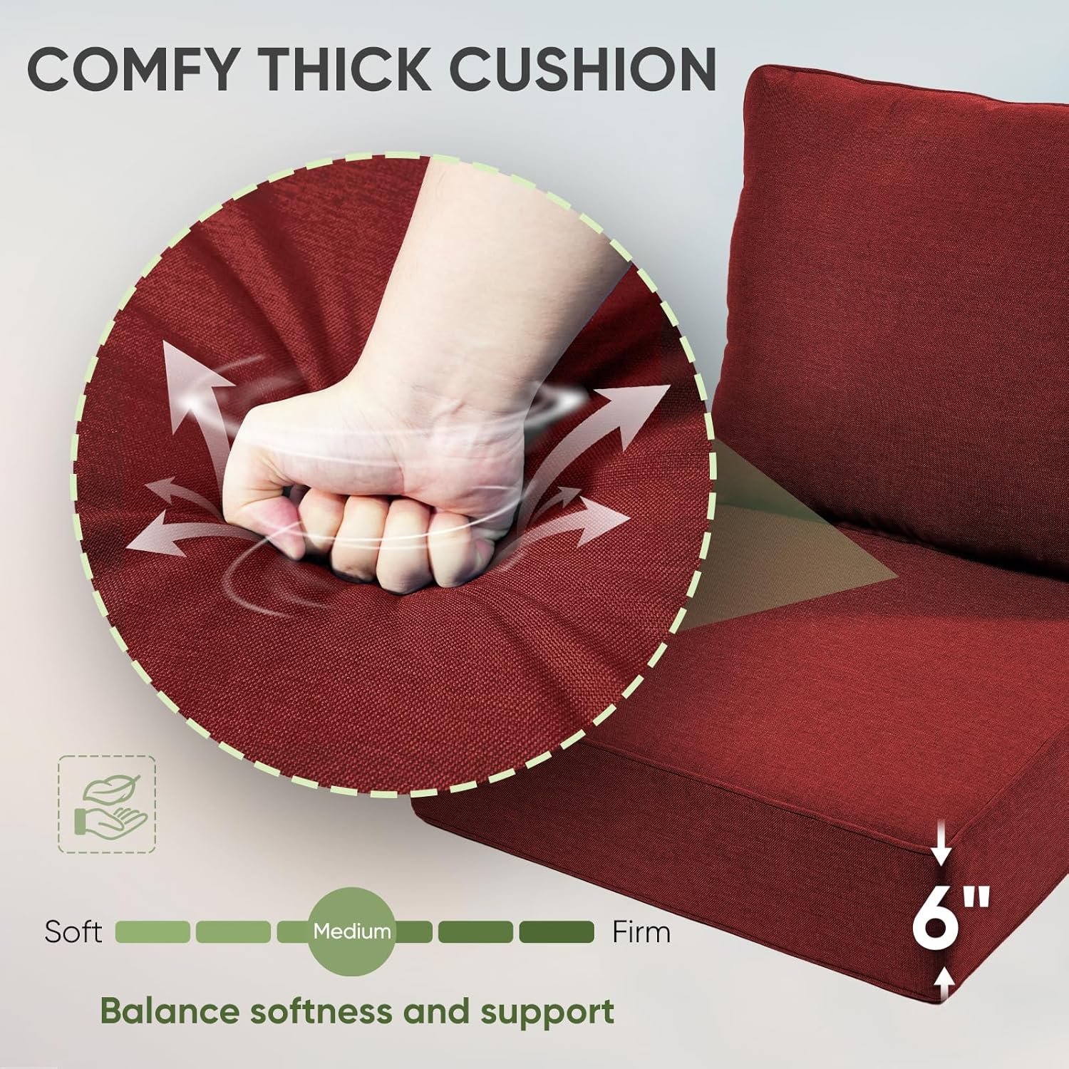 Outdoor Chair Cushions Set of 2, Waterproof 24x24 Patio Chair Cushion, 6" Thickened Seat Cushion for Outdoor Furniture, Couch Cushion Replacement, Include 2 Back & 2 Seat Cushions, Thick/Red