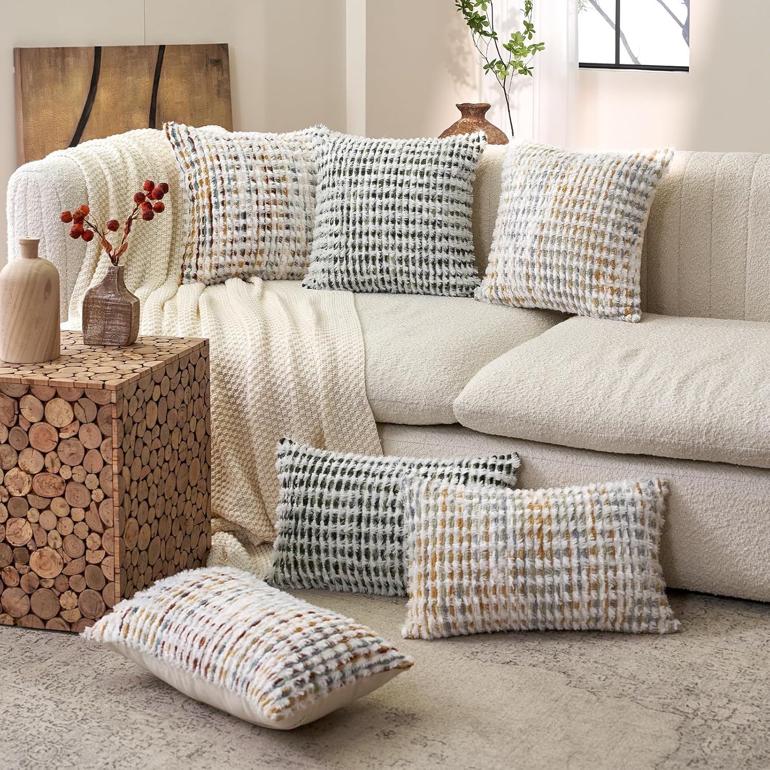 Aeckself Boho Chenille Tufted Pillow Cover 20 x 20 Inch, Decorative Square Throw Pillow Cover Neutral Pillowcase for Couch Bedroom Living Room, Green White