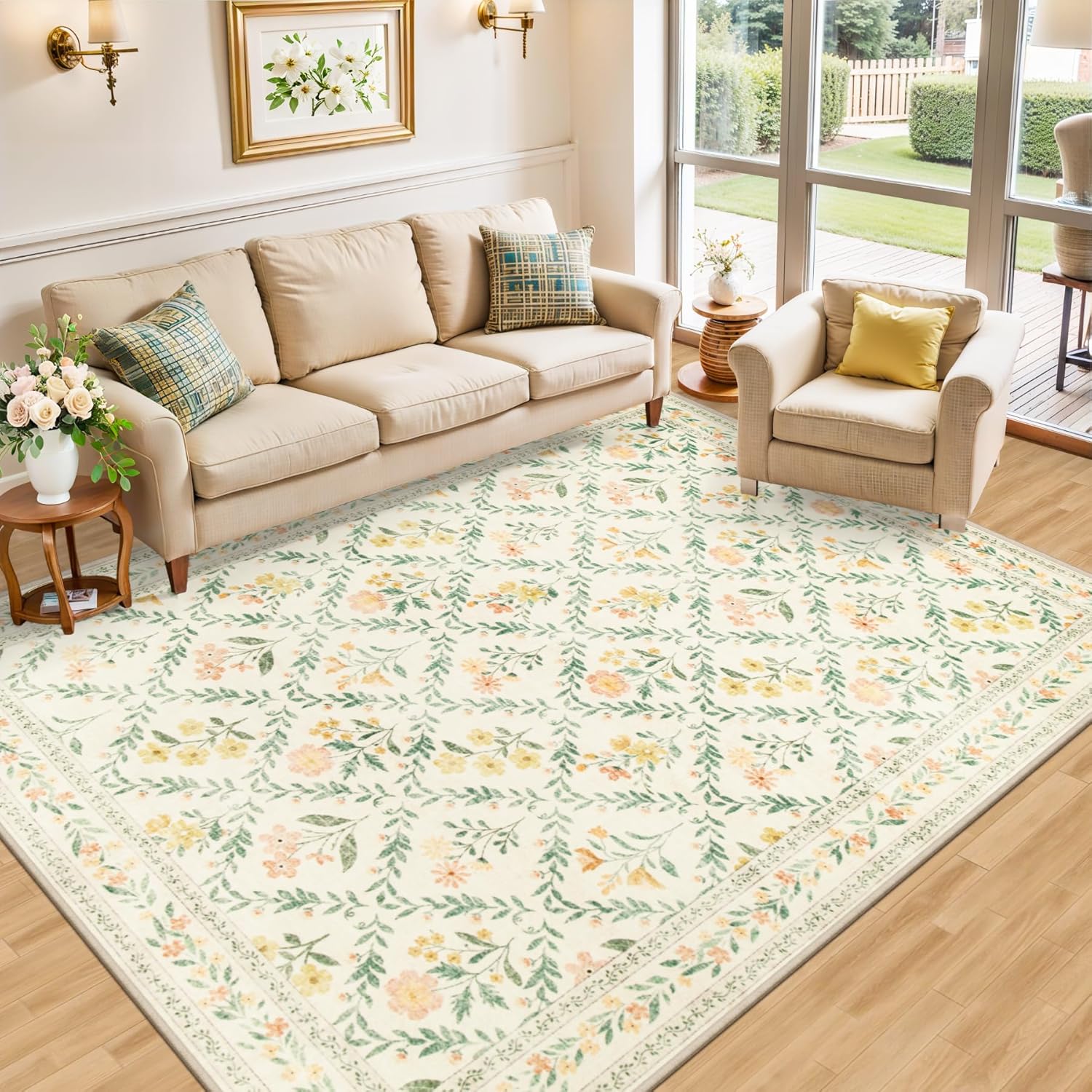 10x14 Area Rugs for Living Room: Floral Washable Rug Vintage Large Soft Boho Non-Slip Carpet Stain Resistant Low Pile Carpets for Bedroom Dining Room Farmhouse Nursery Hallway Home Office Beige/Multi