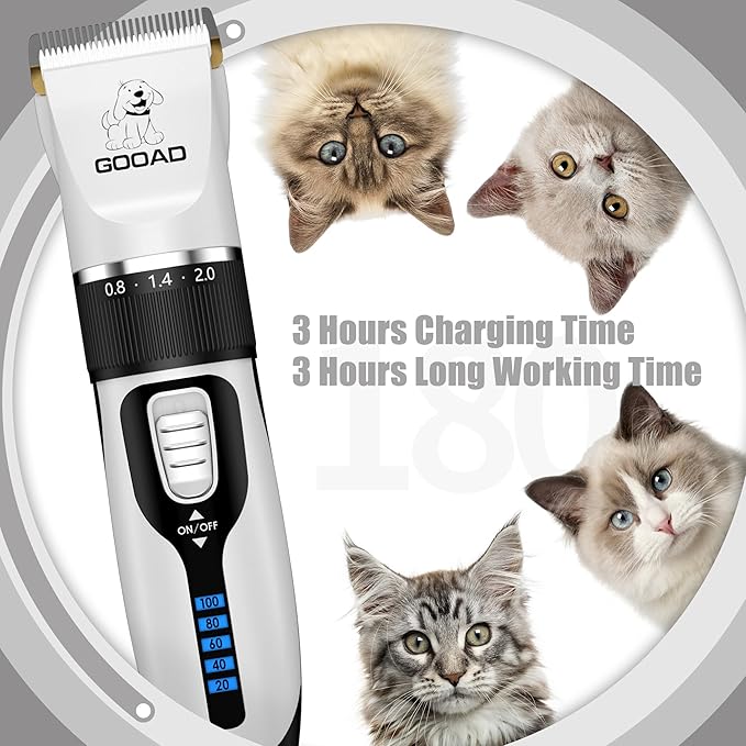 Goood Cat Clippers for Matted & Long Hair, Low Noise Paw Trimmer, Quiet Pet Hair Clippers (White)