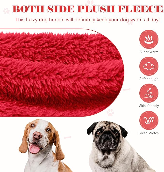 Fuzzy Dog Sweaters for Large Dogs Soft Double-Sided Plush Fleece Pet Sweater Clothes Pet Coats Dog Hoodie Sherpa Hooded Sweatshirt(Red-XXL)