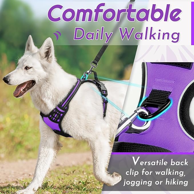 Eagloo Dog Harness Medium Sized Dog, No Pull Service Vest with Reflective Strips and Control Handle, Adjustable and Comfortable for Walking, No Choke Pet Harness with 2 Metal Rings, Purple, M