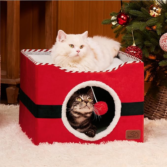 Bedsure Cat Beds for Indoor Cats - Large Cat Cave for Pet Cat House with Fluffy Ball Hanging and Scratch Pad, Foldable Cat Hideaway, 16.5x16.5x13 inches,Red