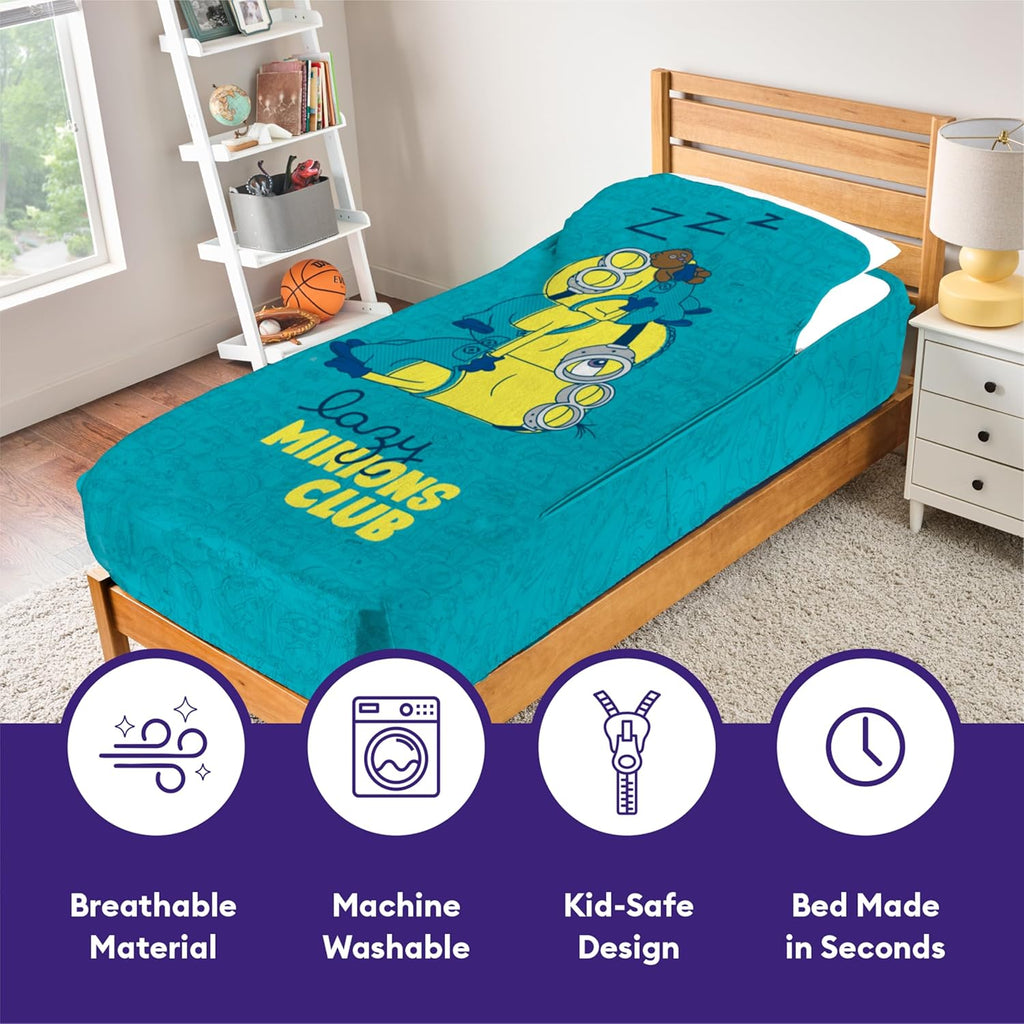ZippySack Twin Bed Zip-Up Bedding – Super Soft Fleece Fitted Blanket with Side Pocket & Durable Zipper – Easy Bed-Making for Kids (Minions)