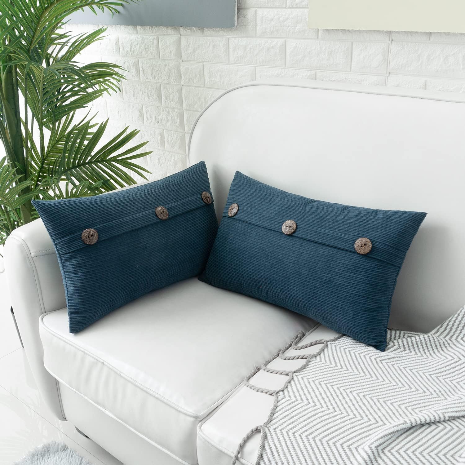 HWY 50 Blue Chenille Throw Pillow Covers 12x20 Inch with Triple Buttons, Soft Farmhouse Accent Decorative Cushion Cases for Couch Sofa Living Room Pack of 2 Rectangle