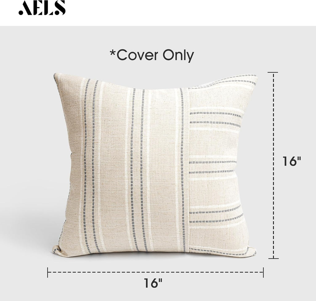 AELS 16x16 Decorative Farmhouse Linen Throw Pillow Covers, Boho Textured Pillow Case, Set of 2, Beige with White & Gray Stripe Patchwork Cushion Cover for Sofa Couch Living Room (Cover ONLY)