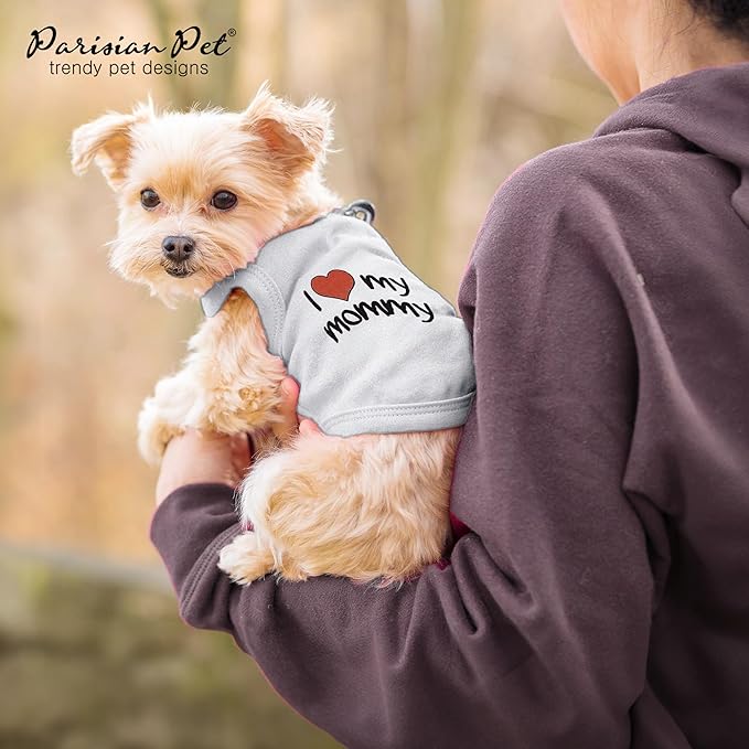 Parisian Pet Unisex Dog T-Shirt with Embroidered 'I Love My Mommy' Words - 100% Cotton, I Love My Mom Shirt - Breathable Sleeveless Pet Vest - Grey Dog Shirts for Small Dogs, S