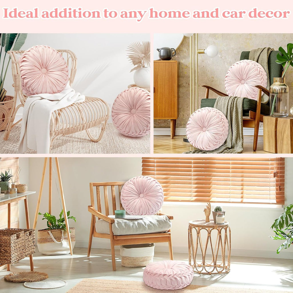 4 Pcs Round Throw Pillows 15 Inch Decorative Velvet Pleated Pumpkin Floor Boho Pillows for Living Room Couch Chair Bed Sofa (Light Pink)