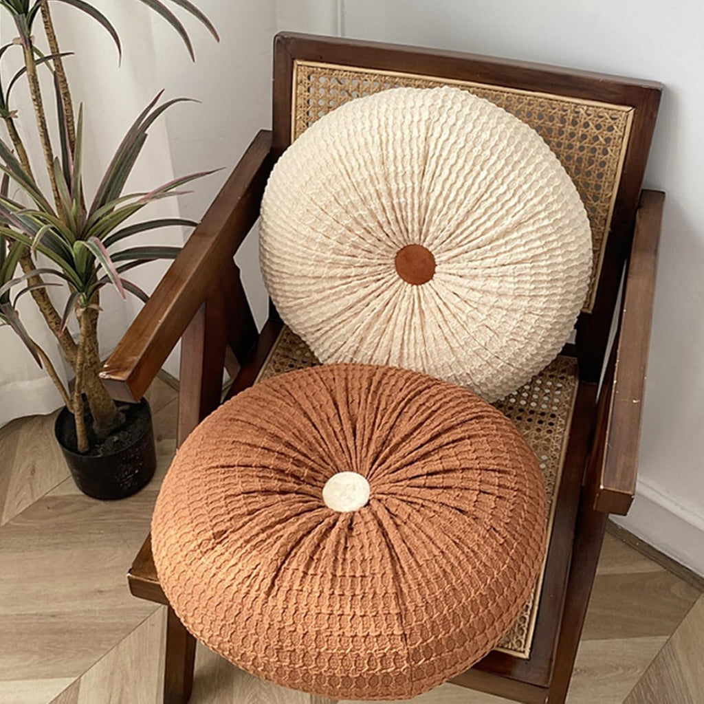 Round Throw Pillow, 15" Velvet Decorative Pleated Pumpkin Round Pillow Cushion Floor Pillows for Sofa Couch Bed Chair Living Room Floor Car Decorations, Beige