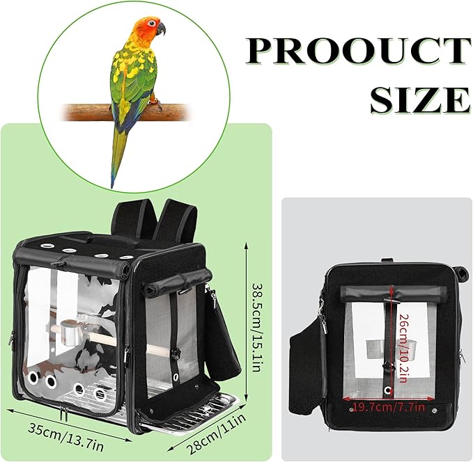 Sanmoncare Bird Carrier for Car Travel with Seat Belt, Indestructible Stainless Steel Mesh Parrot Backpack Travel Cage